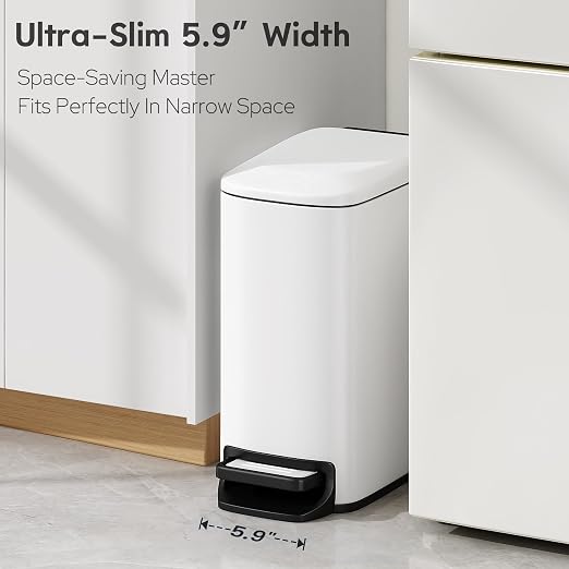TIPGO Small Bathroom Trash Can with Lid, 1.6 Gal, Soft Close, White | Stainless Steel, 5.9'' Slim for Narrow Space, Foot Pedal, Soft Quiet Lid, Anti-fingerprint, Removable Inner Bucket, Odor Seal