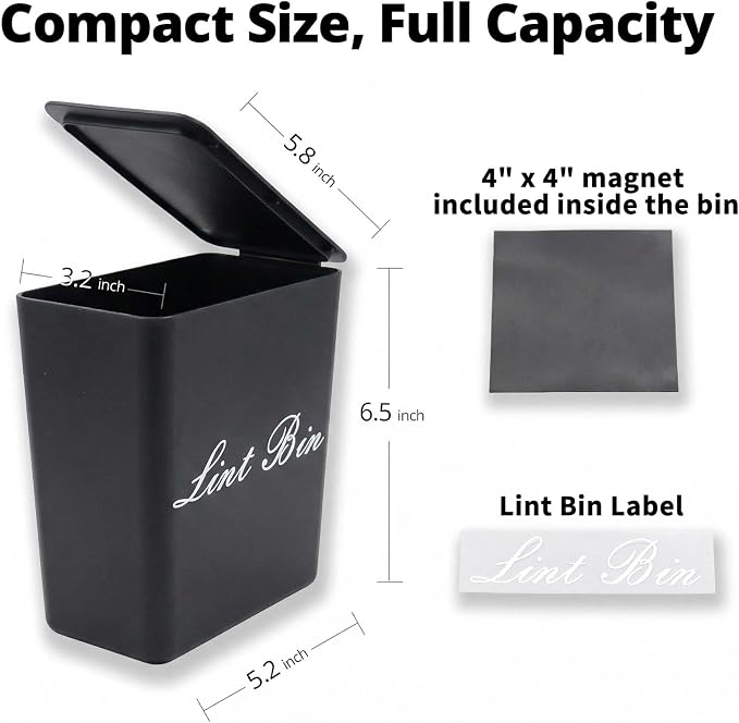Artilife Magnetic Plastic Black Lint Bin with Lid for Laundry Room, 6 X 5 Inch Compact Wall Mount Lint Holder for Dryer, Small Black ABS Trash Can for Dryer Lint and Sheets