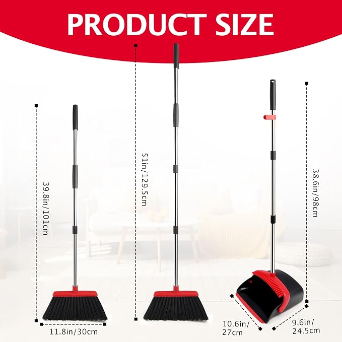 Broom and Dustpan Combo Set,51" Long Handle,Black Red | Heavy Dust, Dustpans with Broom Combo for Home, Kitchen, Office, Classroom,Apartment, Pet Hair