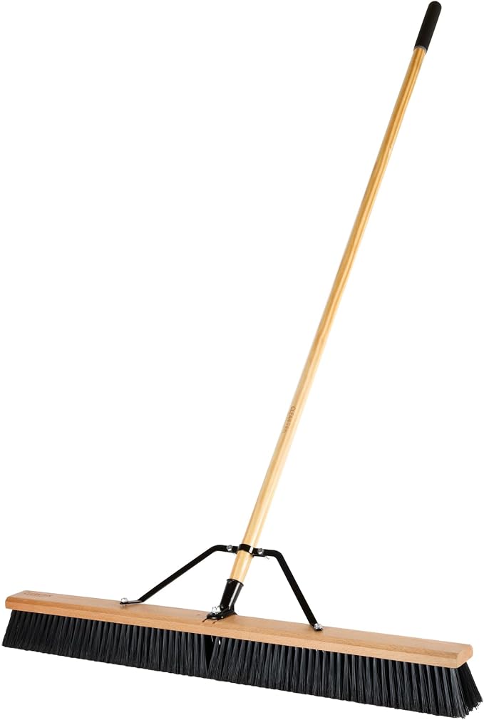 Restaurantware-Clean Tek Professional 36 Inch Push Broom, 1 Heavy-Duty Broom with 60â€ Handle - Fine Plastic Bristles, Durable, Wooden, Commercial Use, for Deck, Driveway, Garage, Yard, Patio