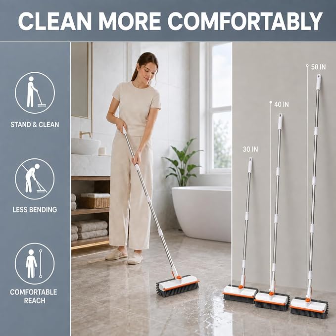 Heavy-Duty Floor Scrub Brush PRO with Long Handle,Squeegee&Stiff Bristles | Stable Locking Swivel Head Every 90°,Reinforced Stainless Pole,50" Long Reach,Indoor&Outdoor Use