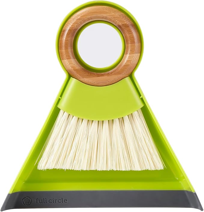 Full Circle Tiny Team Mini Brush & Dustpan Set - Green | Compact and perfect for quick countertop cleanups in the kitchen, on desks, or anywhere crumbs collect.
