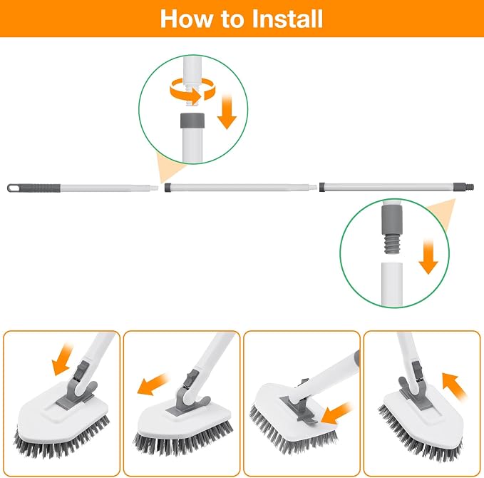 4 in 1 Shower Scrubber Cleaning Brush, Tub and Tile Scrubber with Long Handle, Grout Brush Stiff Bristles Scrub Sponge Brushes Microfiber Pad, for Toilet Bathroom Kitchen Wall Floor Glass Bathtub Sink