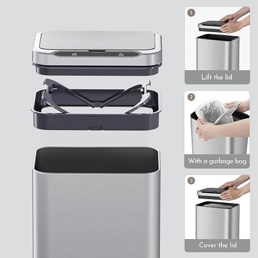 ELPHECO Stainless Steel Office Trash Can 6.6 Gallon Motion Sensor Garbage Bin Rectangular Automatic Touch Free Waste Bin for Hotel and Living Room | Automatic Garbage Bin Rectangular Touch Free Waste Bin for Hotel and Living Room, 2AA