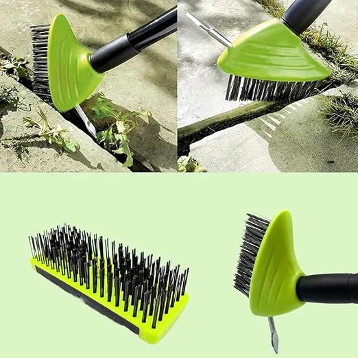 SakerPlus 3-in-1 Versatile Weed Brush Combo Set with Long Handle (2) | Crack Weeder Brush, Wire Floor Scrubber, Triangular Brush, Scraper, Steel Wire Bristles for Patio, Driveway, Deck