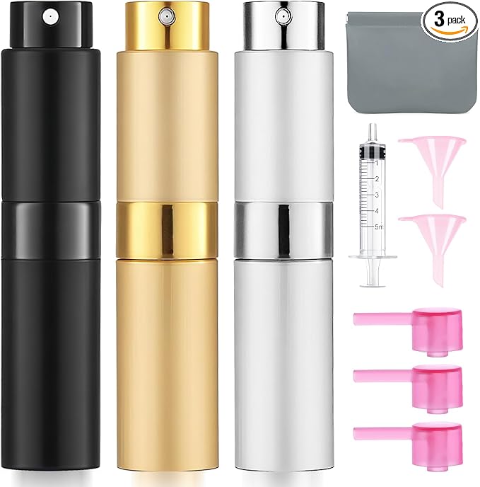 3 Pack 8ML Empty Cologne Travel Spray Bottle (Black, Gold, Silver) | Perfume Atomizer for Refill Portable Cologne Dispenser Mini Sprayer for Women Twist Tpye