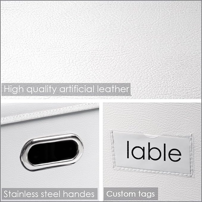 Collapsible Storage Box with Lid [3-Pack] Leather Fabric Foldable Storage Bin Organizer Container Basket Cube with Cover for Home Bedroom Closet Office Nursery White(13.6x9.6x6.9)