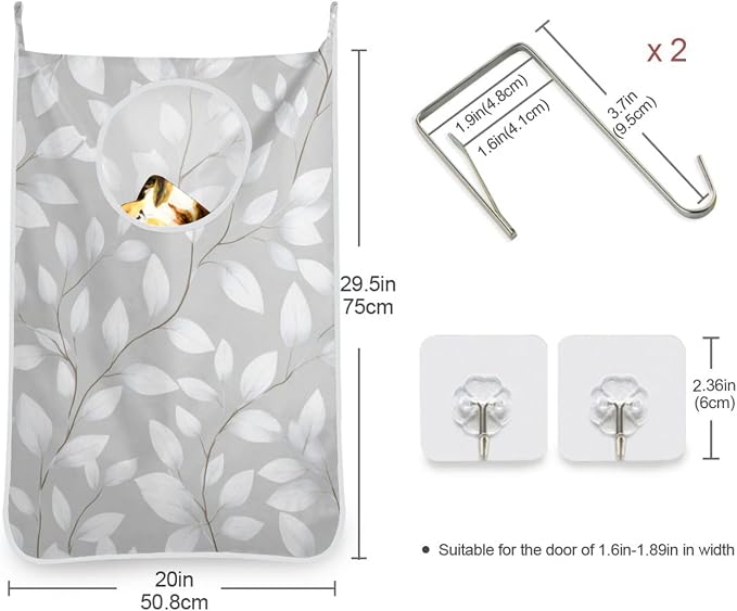 Grey Simple Leaves Hanging Laundry Hamper Door Hampers Bag Basket with Stainless Steel Hooks Oxford Fabric Printing Decorative Clothes Bags 29.5X20inch 1Pack