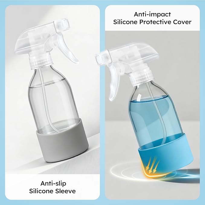 Tecohouse 360° 8 oz Clear Glass Spray Bottles with Silicone Sleeve 2 Pack | 360° All-Angle Spray, Non‑slip Silicone Protective Covers, for Cleaning Solutions, Plants, Hair Care (Black & Brown)