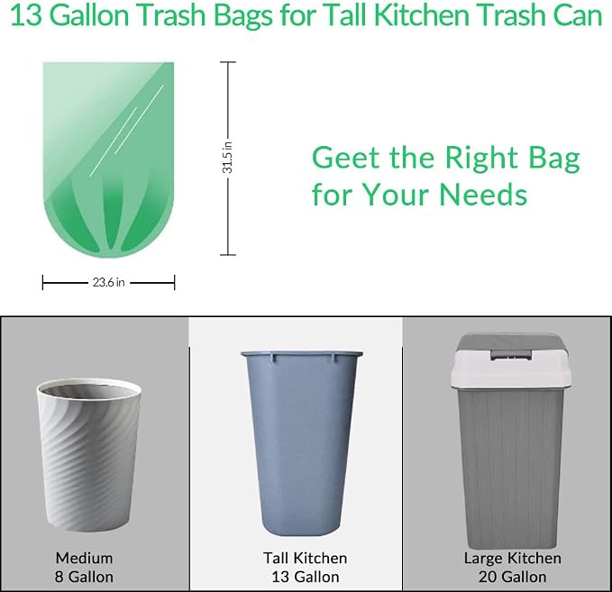 Jaoul Trash Bags 13 Gallon, Small Garbage Bags, Strong & Unscented Trash Bags for Kitchen, Bathroom, Office, Restroom, Car, Green, 60 Counts