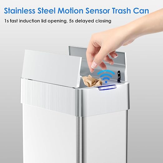 TLSUNNY 16 Gallon Automatic Trash Can, Motion Sensor Garbage bin | Stainless Steel Smart Trash Can W/ Butterfly Lid, Bag Retainer Ring for Living Room, Kitchen, Office (Silver, 60L)