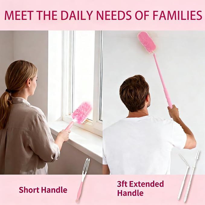 Pink Duster Refill for Swiffer Duster, 50 Count Disposable Dusters Kit | for Cleaning Dusting Furniture Blind Ceiling Fan, Multi Surface 360 Feather Duster + 3FT Extended Handle + 1 Handle