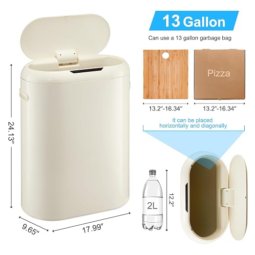 Garvee 13 Gal Sensor Trash Can - Touchless Automatic Kitchen Garbage Bin | Quick-Response Sensor, Ultra-Slim Space-Saving, Quiet Soft-Close Lid, Anti-Slip Bag Ring, Battery-Powered Smart Can