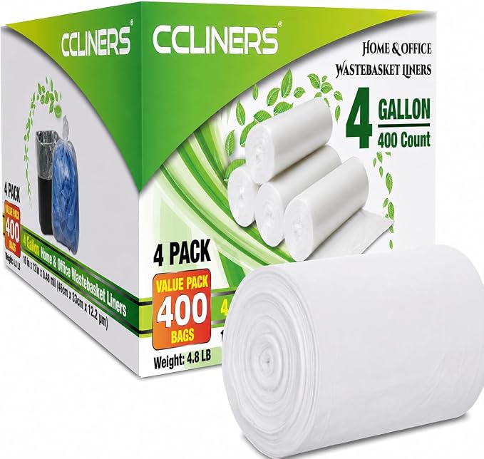 4 Gallon (15 Liter) Trash Bag (400 Count) Small Bathroom 4 Gallon Garbage Bags Clear Plastic Wastebasket Trash Can Liners for Home and Office Bins (400 Count)