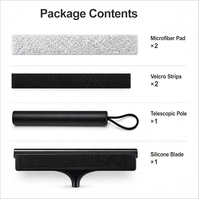 2 in 1 Window Squeegee with Adjustable Telescopic Pole, Shower Glass Squeegee for Indoor Outdoor Windows, Glass Doors, Shower Stalls, Car Windshield, Bathroom Tiles and Hard Floors
