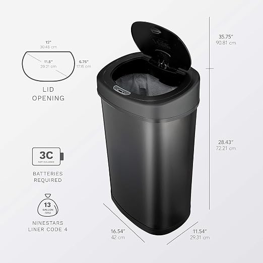 NINESTARS DZT-50-9BK The Original Automatic Motion Sensor Trash Can, 13.2 Gal. / 50 L., Black