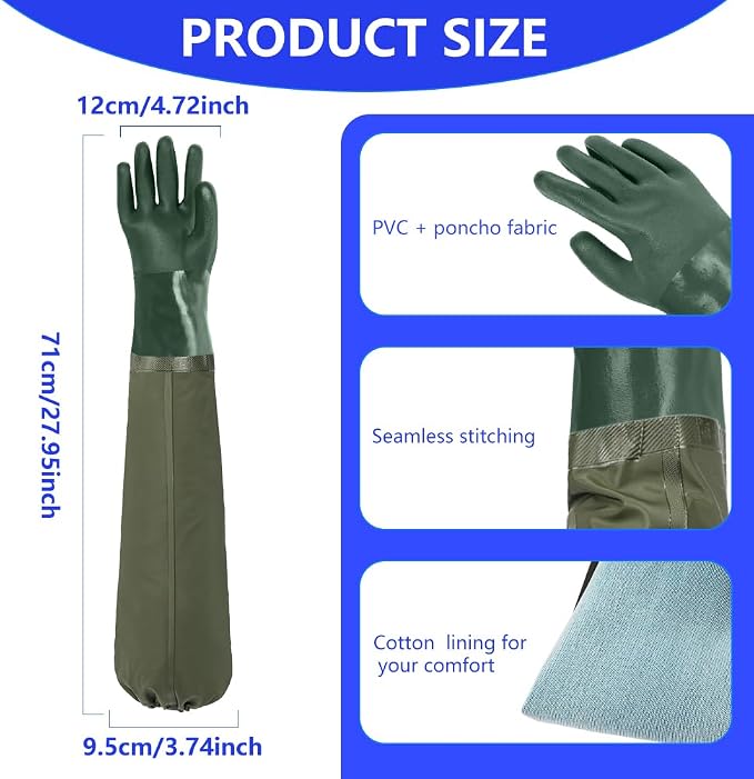 AUAUY 27" PVC Chemical Resistant Gloves, Long Rubber Gloves | Heavy Duty, Waterproof Reusable Long Sleeve Glove for Cleaning Suitable for Chemical, Acid, Alkali and Oil Work