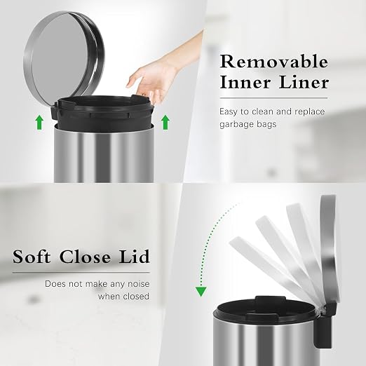 Trash Can, Mini Stainless Steel 6 Liter/1.6 Gallon Bathroom Trash Can Step Garbage Can Round Trash can with Lid w/Removable Inner Bucket Waste Basket for Bathroom Kitchen Office