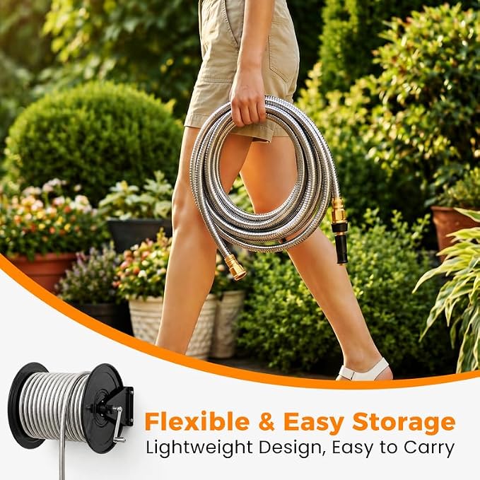 Rosy Earth Metal Garden Hose 150 FT - 304 Stainless Steel Water Hose 150 FT - Expandable Short Flexible Garden Hose,no Kink Explosion, no Bite