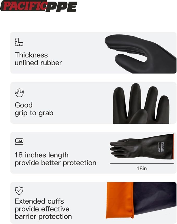 PACIFIC PPE 18 Inch Latex Chemical Resistant Gloves, Waterproof, Heavy Duty | Resists acid, alkali and oil, waterproof, reusable, puncture resistant grip for industrial cleaning and chemical handling