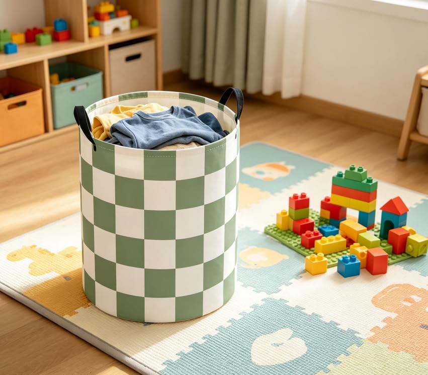 Baby Laundry Basket Baby Nursery Hamper Kids Laundry Basket Toy Storage Bin for Boys Room Decor Gift Baskets for Bedroom Bathroom(Green Checkered)