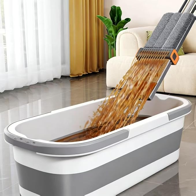 Large Flat Mop and Scalable Bucket with Wheels | 360 Rotating Microfiber Dust Mop, Dewatering Scraper, 54" Adjustable Stainless Steel, 1 Mop 6 Microfiber Pads 1 Bucket