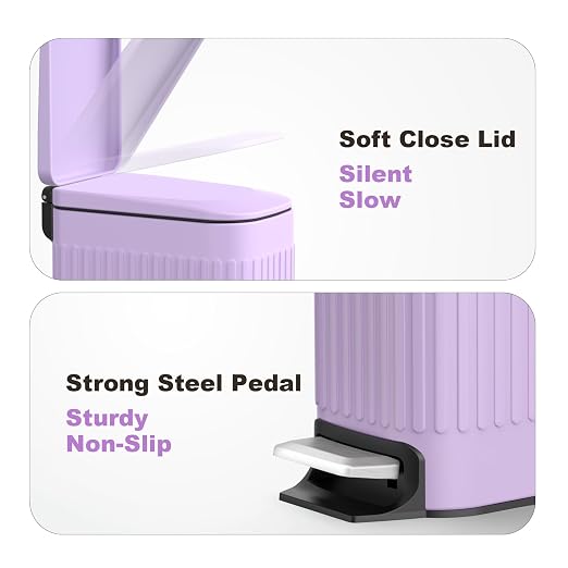 TrashAid 1.6Gal Slim Bathroom Trash Can with Lid Soft Close & Pedal, Purple | Removable Inner Bucket, Stainless Steel Garbage Can, Small Wastebasket for Toilet/Office/Bedroom, Retro Design, Odor Control