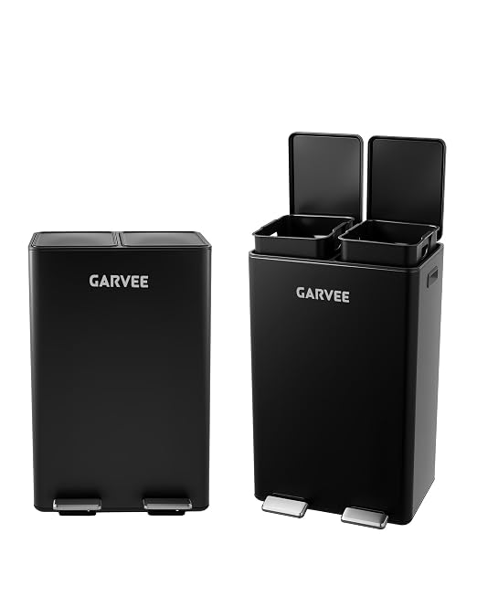 Garvee 16 gal Dual Compartment Stainless Steel Trash Can with Inner Buckets | Step Pedal Trash Can, Heavy Duty Recycling Bin with Lid & Step Pedal, for Kitchen, Office, Home, Commercial Use，Black