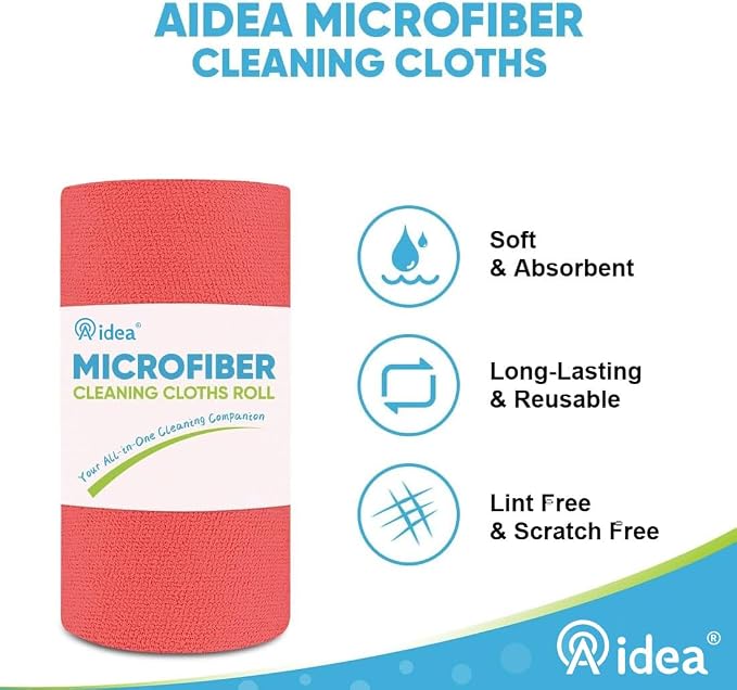 AIDEA Red Microfiber Cleaning Cloth Roll-50PK, Paper Towels 11.5"×11.5" | Reusable Tear Away Cloth, Microfiber Towels Washable Shop Rags, Lint Free Cleaning Rags for House, Kitchen, Window
