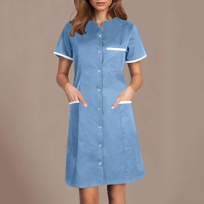 Scrubs Dress for Women - Button Front Nursing Workwear - Casual Housekeeping Dresses with Pockets