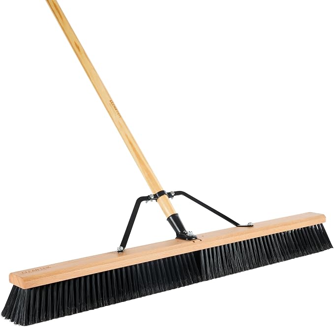 Restaurantware-Clean Tek Professional 36 Inch Push Broom, 1 Heavy-Duty Broom with 60â€ Handle - Fine Plastic Bristles, Durable, Wooden, Commercial Use, for Deck, Driveway, Garage, Yard, Patio