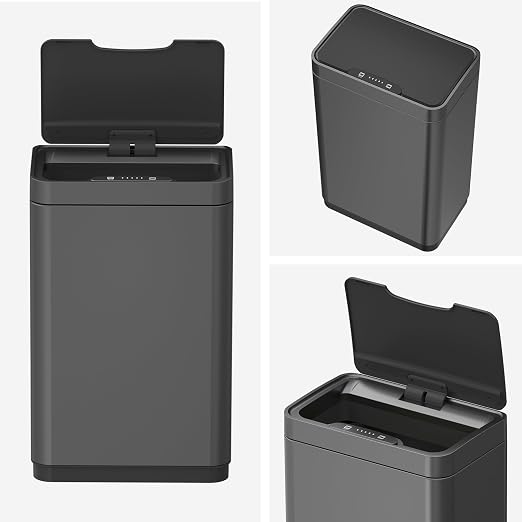 Mbillion 15 Gallon Touchless Motion Sensor Trash Can | Rectangular grey smart garbage can with lid, automatic touchless design for kitchen, bedroom, home & office use