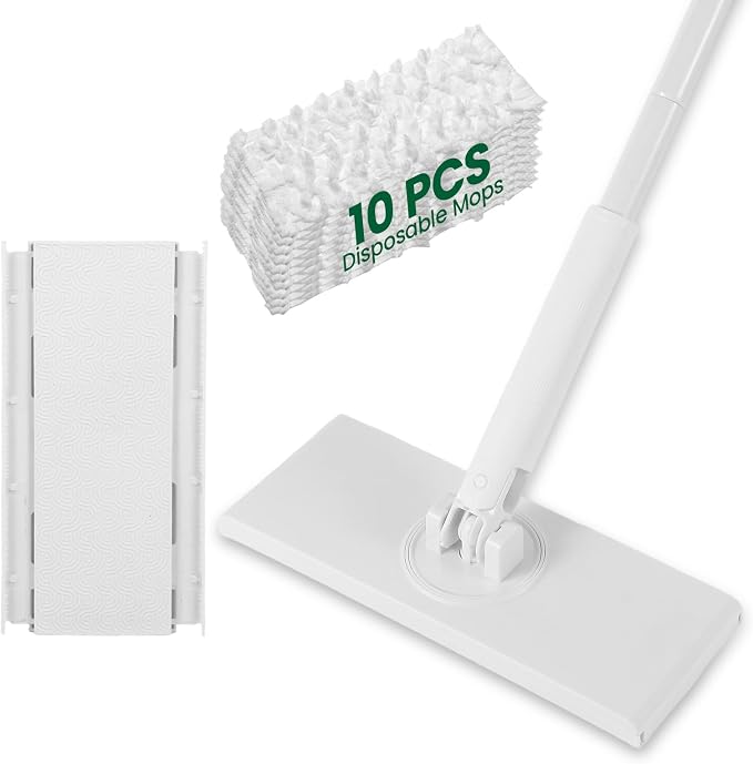 Flat Wet Dry Floor Mop with 10 Disposable Mop Pads, 360° Rotating | Includes 1 Sweeper Handle, 10 Disposable Power Mop Pads, Dry & Wet Use for Hardwood, Tile, and Laminate Floor