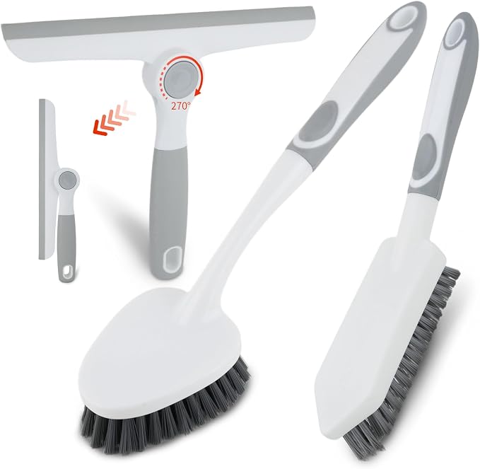 3 Pack Shower Cleaning Brush Set with Grout Cleaning Brush and Squeegee | Stiff Bristles, Ergonomic Handle, Heavy Duty Scrub Brush for Cleaning Bathroom, Shower, Bathtub, Floor, Grout, Tile, Sink
