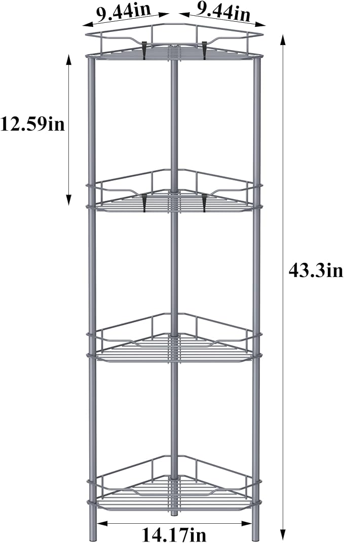 HuggieGems Metal Floor Standing Corner Shower Caddy, Dark Gray, 4 Tier | Adhesive Bathroom Organizer Shelves, Free Standing Shower Rack with Hooks, Hold Large Shampoo Bottles