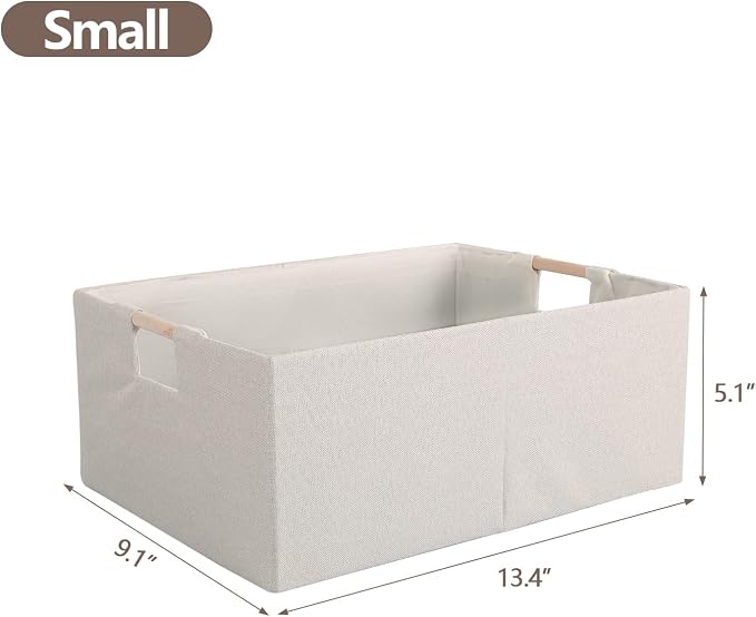 Fabric Storage Box, 13x9in Foldable Cotton Linen Basket with Wooden Handle | Small Rectangular Cube Decorative Home Laundry Organizer Clothes Blanket Container Organizing Clothes Sheets Jeans, Beige