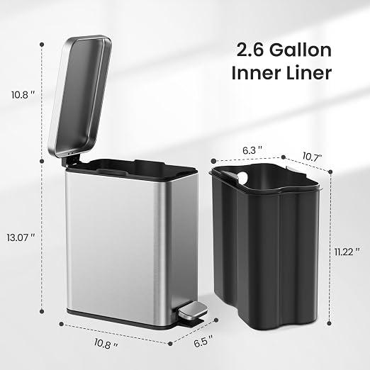 Cesun 2.6 Gallons Small Bathroom Trash Can with Lid Soft Close, Silver | Removable Inner Bucket, Small Stainless Steel Garbage Can for Bedroom/Office, Hands-Free Step Pedal, Fingerprint-Resistant