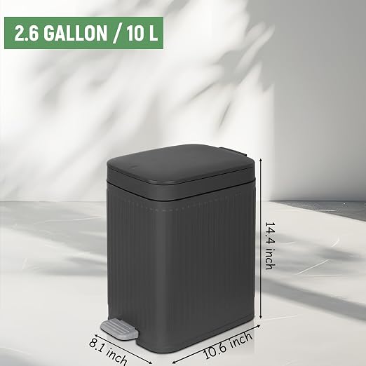 rejomiik Small Bathroom Trash Can with Lid Slim Soft Close Garbage Can Step Wastebasket Container Trash Bin for Office Bedroom Kitchen Living Room (2.6 Gallon Dark Gray) | Garbage Can with Pedal for Office, Bedroom, Kitchen & Living Room, Narrow Plasti...