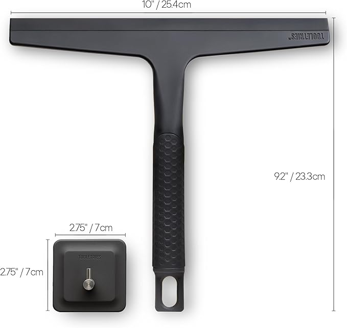 TOOLETRIES The Squeegee & Hook Glass Shower Squeegee – 10 Inch | Silicone grip shower squeegee for glass, mirrors and windows with a matching storage hook.