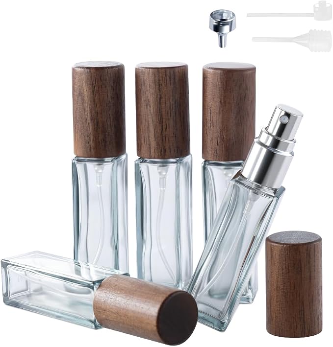 Perfume Atomizer, Refillable Spray Perfume Bottles 5pcs 0.3oz/10ml | Walnut Real Wood Lid, Classic Looking, Leak-Proof, Compact Size, Solid Bottle, Daily Touch-Up Spraying
