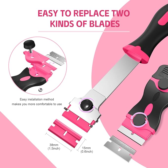 3 Pack Razor Blade Scraper Set, Includes 30 Plastic & 30 Metal Blades(Pink) | Multi-Purpose Tool for Glass, Cooktop, Sticker Removal, Paint & Gum Cleaning