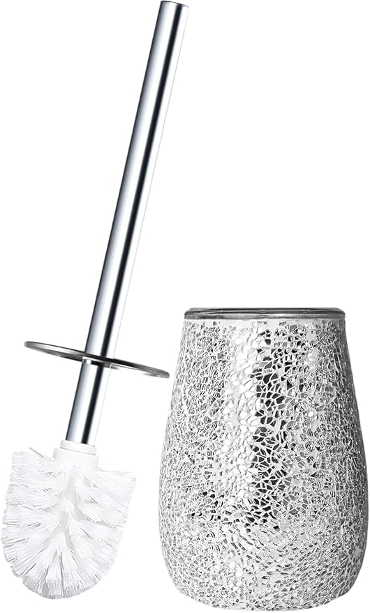 Decorative Toilet Brush and Holder Set | Handcrafted Silver Mosaic Glass Holder | Rust-Proof 304 Stainless Steel Toilet Bowl Brush | Luxury Silver Bathroom Decor