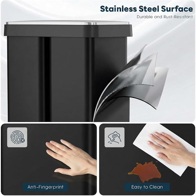 ComfyCorner 16 Gallon Dual Compartment Trash Can, Step-On Garbage Bin | Stainless Steel Hands-Free Recycling Rectangular Dustbin with Soft-close Lid, Removable Inner Buckets, for Kitchen Home