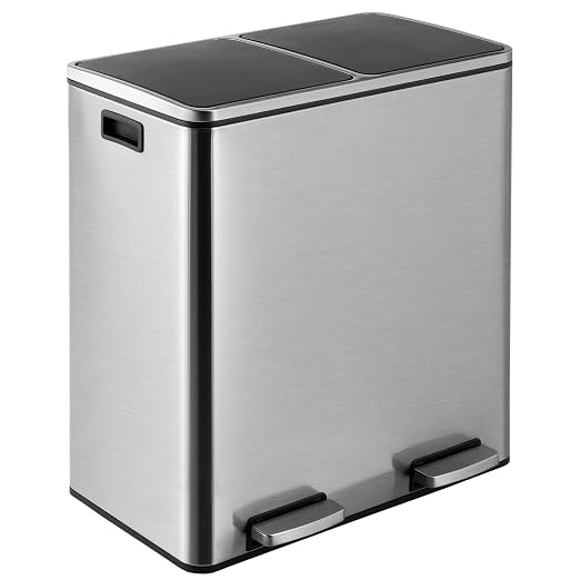 ComfyCorner 2 x 8 Gallon (2 x 30 L) Rectangular Stainless Steel Trash Can | Dual Compartment Garbage Bin with Recycling Combo, Metal Dustbin Lid,Removable Liner,Hands Free Waste Bucket for Kitchen Home