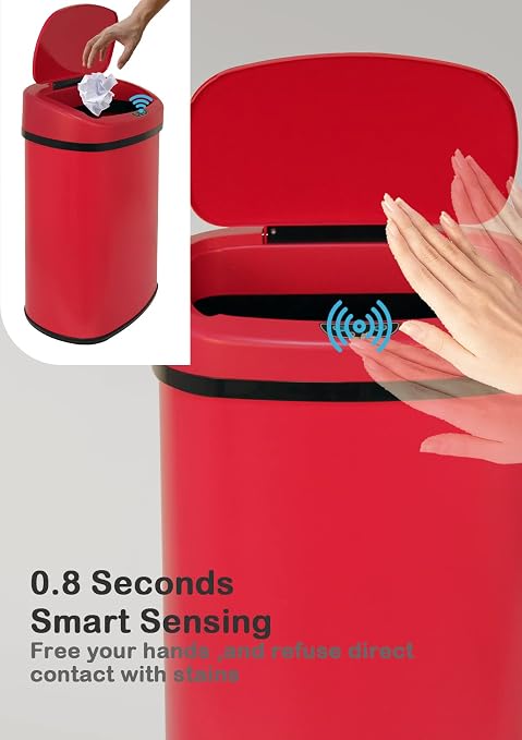 50L/13 Gallon Automatic Trash Can Garbage Can, Large Stainless Steel Kitchen Trash Can Motion Sensor Garbage Can Touchless Trash Bin with Lid for Kitchen Home Office, Soft Close Lid (Red)