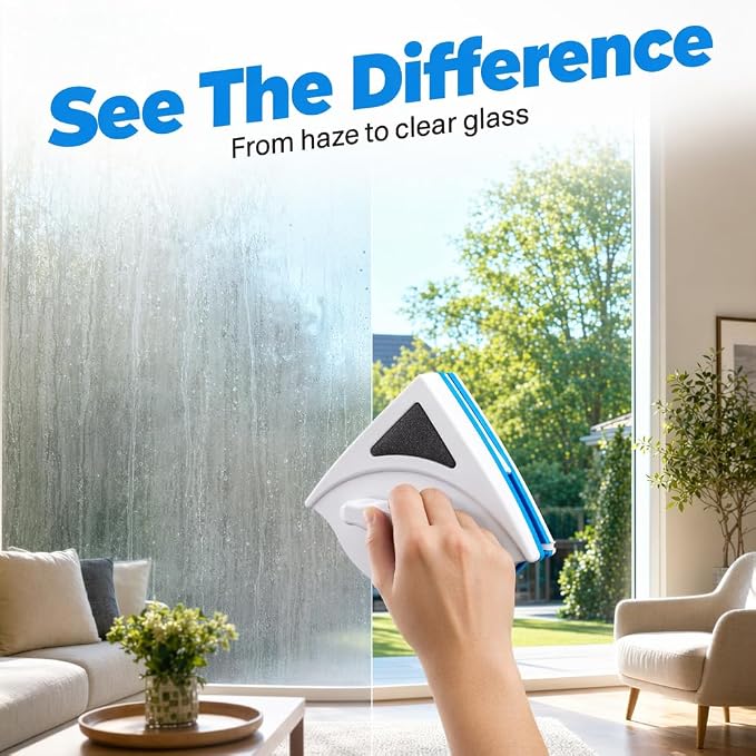 Double Sided Magnetic Window Cleaner, Magnetic Window Cleaner Tool for 3-8mm Glass, Triangle Glass Cleaning Wiper with Safety Rope, Magnetic Glass Cleaner for Home Windows (2pcs)
