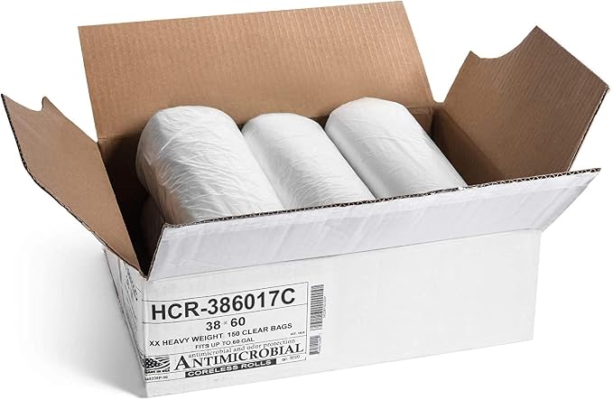 Aluf Plastics 60 Gal Clear Trash Bags, 17 Micron (EQ.), 38" x 60" (150 Pk)