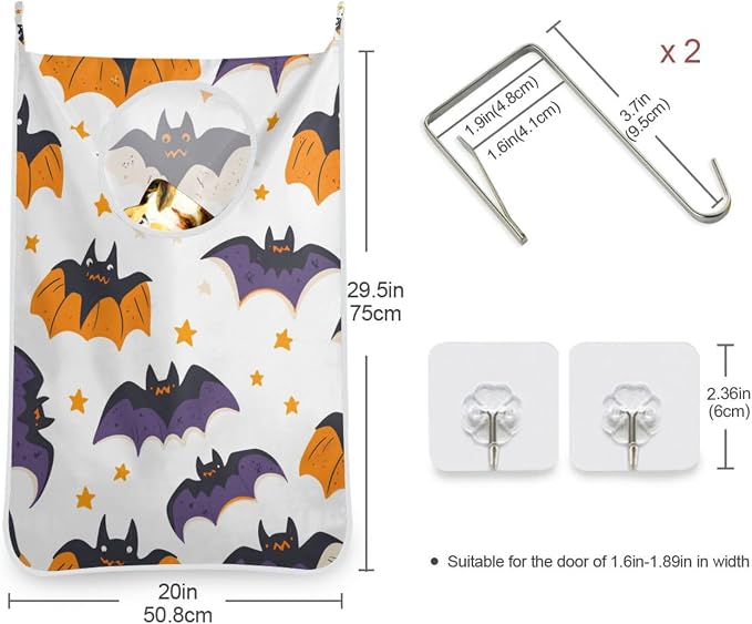 White Halloween Bats and Stars Hanging Laundry Hamper Door Hampers Bag Basket with Stainless Steel Hooks Oxford Fabric Printing Decorative Clothes Bags 29.5X20inch 2Pack