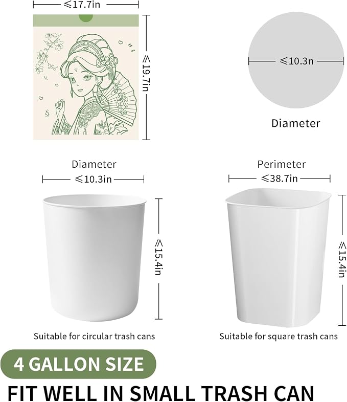 4 Gallon Trash Bags Drawstring, Colorful & Portable Small Trash Bags with Chinese-style Flower Girl Printed, Tear-Resistant Garbage Bags 4 Gallon for Bathroom Office Trash Cans, 30 Count