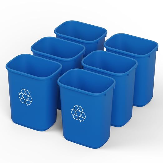 28 Qt. / 7 Gallon Blue Rectangular Recycling Wastebasket Trash Can | 6 Pack